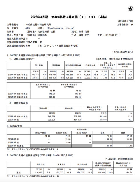野村総合研究所 2026年3月期第3四半期決算