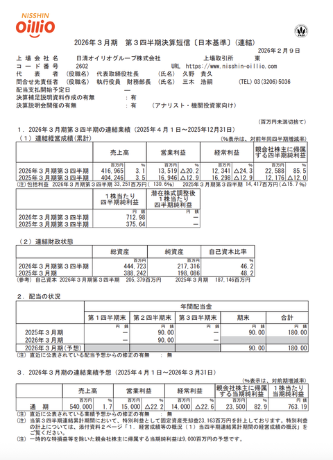 日清オイリオグループ 2026年3月期第3四半期決算