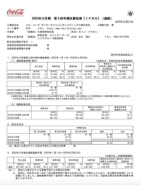 コカ・コーラ ボトラーズジャパンHD 2025年12月期第3四半期決算