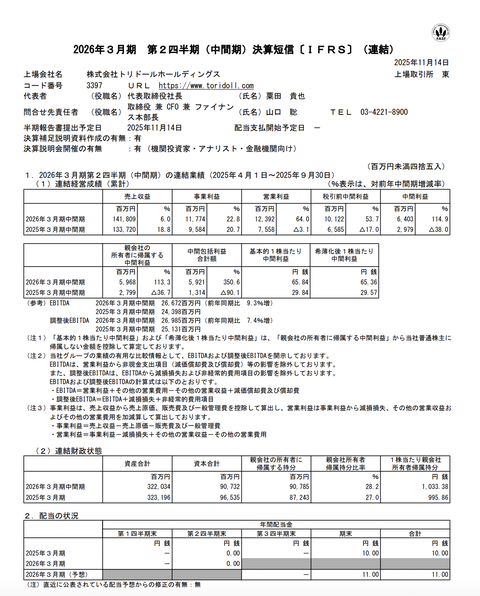 トリドールHD 2026年3月期第2四半期決算