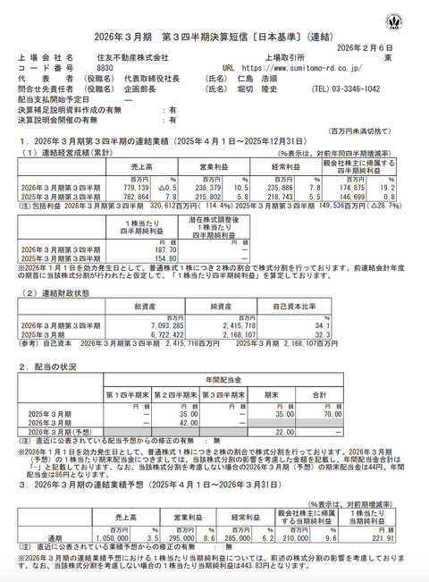 住友不動産 2026年3月期第3四半期決算