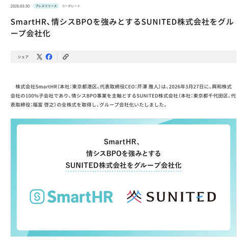 SmartHRがSUNITEDを完全子会社化　興和の100%子会社で情シスBPO事業が主軸の企業