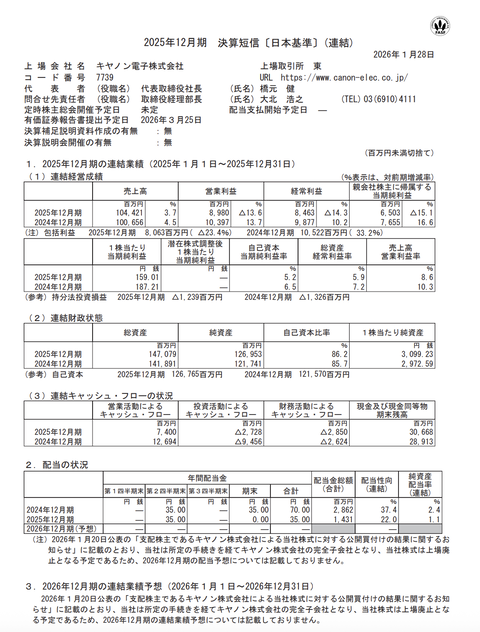 キヤノン電子 2025年12月期通期決算