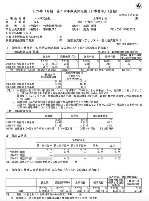 note 2026年11月期第1四半期決算
