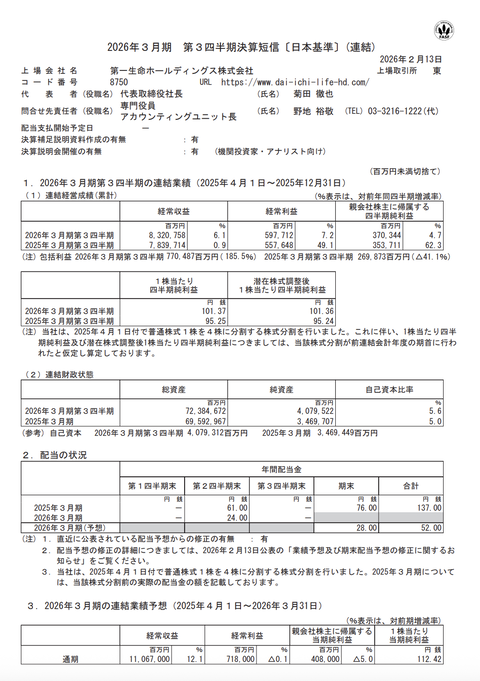 第一生命HD 2026年3月期第3四半期決算
