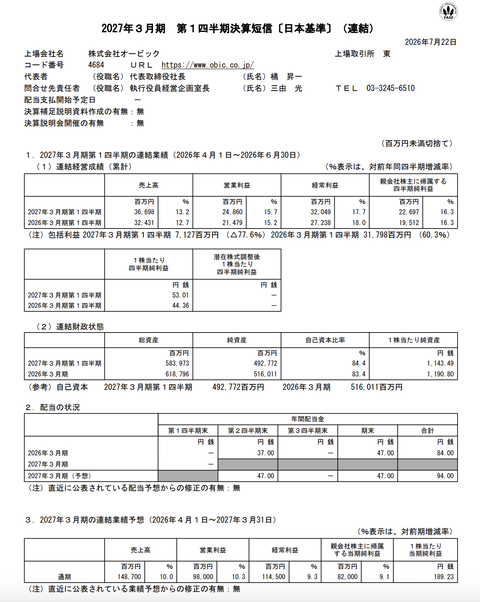 オービック 2027年3月期第1四半期決算