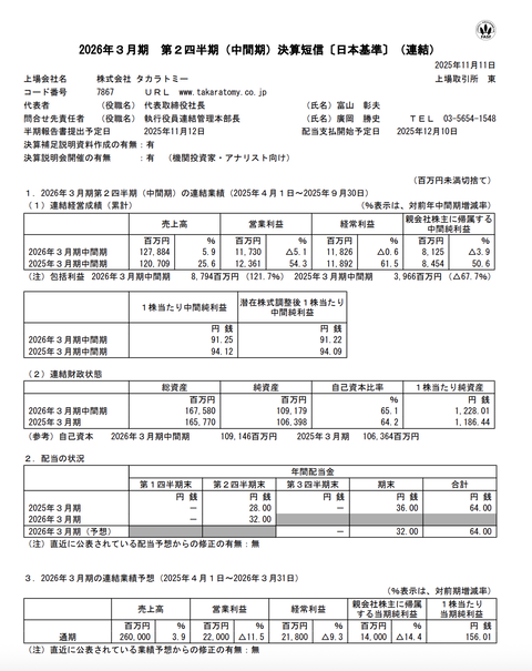 タカラトミー 2026年3月期第2四半期決算