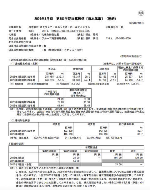 スクウェア・エニックスHD 2026年3月期第3四半期決算