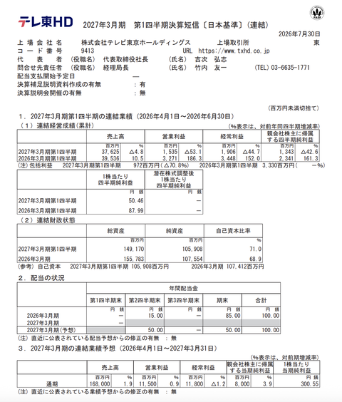テレビ東京HD 2027年3月期第1四半期決算
