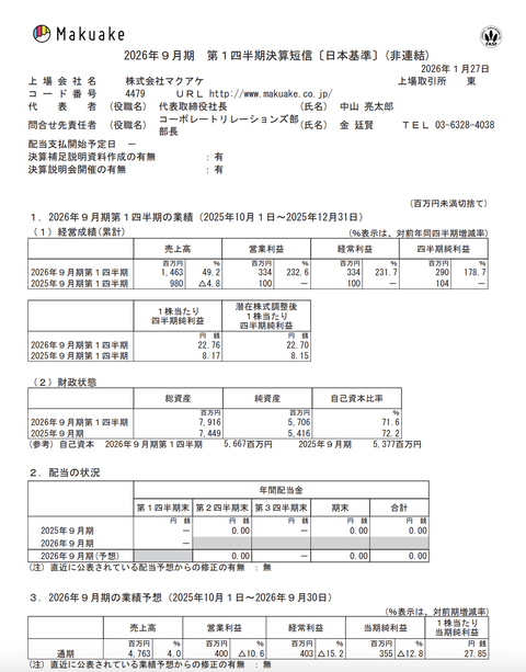 マクアケ 2026年9月期第1四半期決算