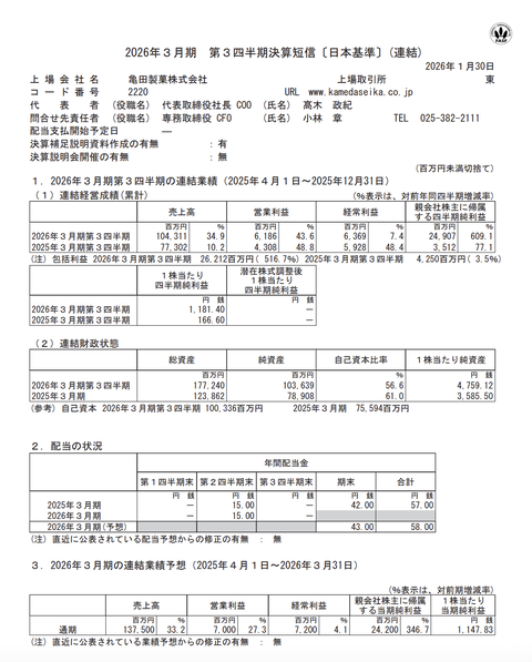 亀田製菓 2026年3月期第3四半期決算
