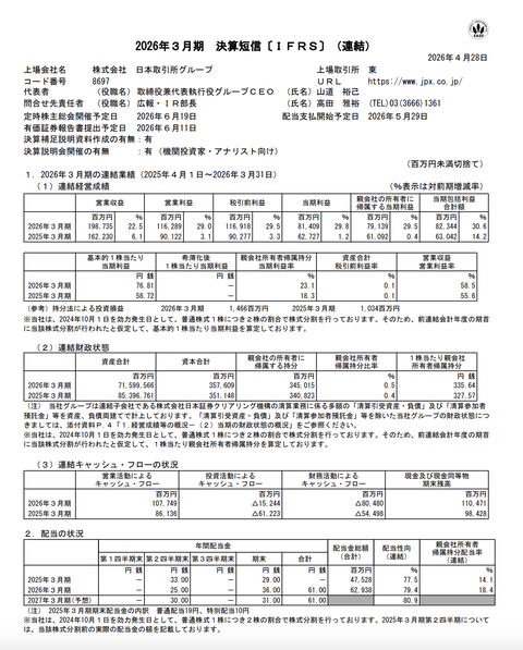 日本取引所グループ 2026年3月期通期決算