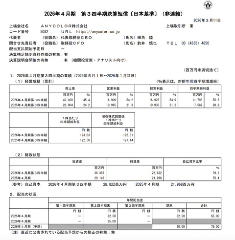 ANYCOLOR 2026年4月期第3四半期決算