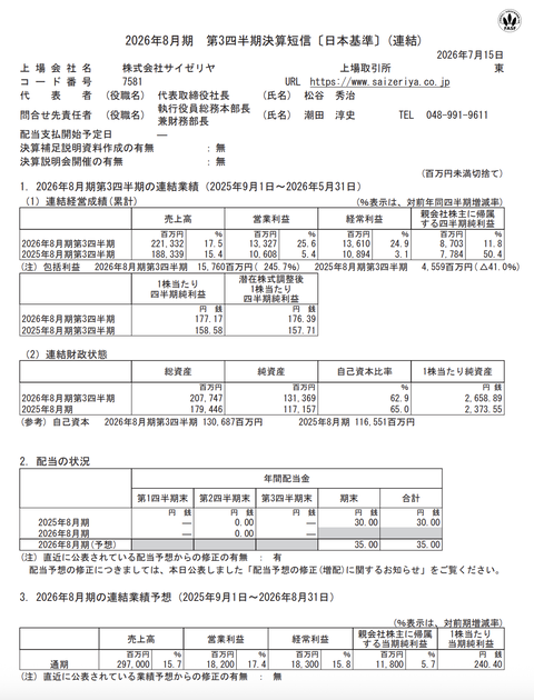 サイゼリヤ 2026年8月期第3四半期決算