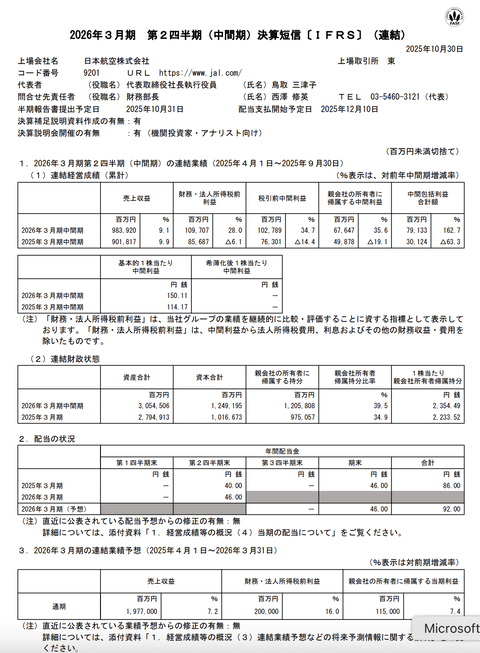 日本航空 2026年3月期第2四半期決算
