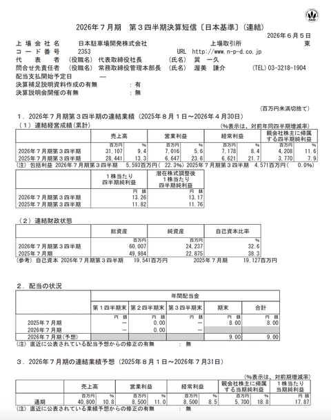 日本駐車場開発 2026年7月期第3四半期決算