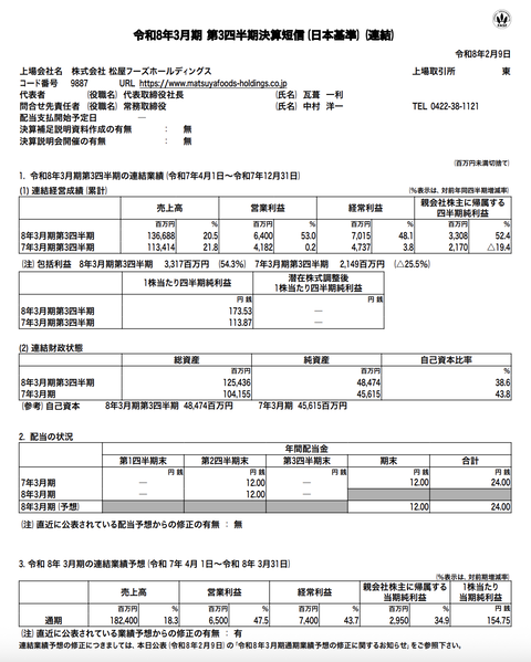 松屋フーズHD 2026年3月期第3四半期決算