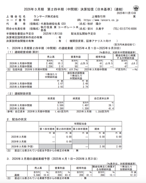 ランサーズ 2026年3月期第2四半期決算
