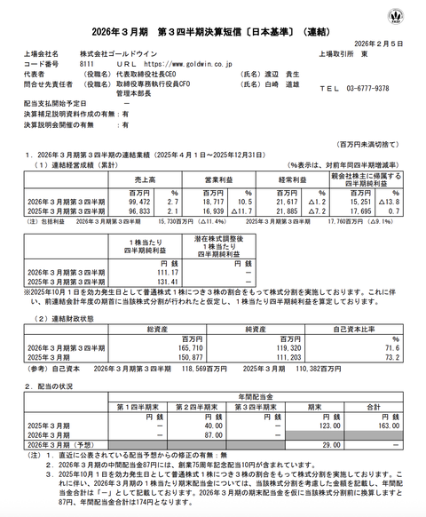 ゴールドウイン 2026年3月期第3四半期決算