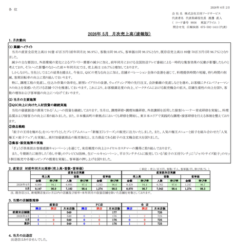 餃子の王将 月次業績（2026年5月度）