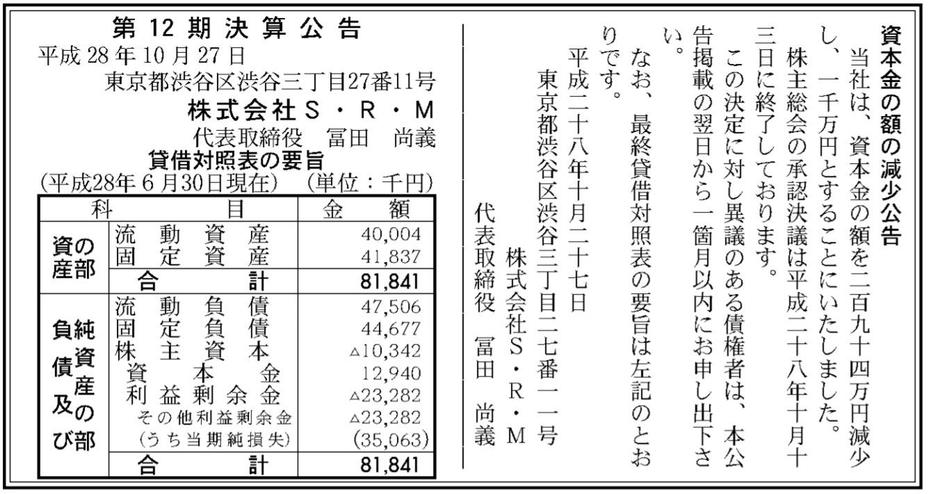 株式会社s R M 決算公告 第12期 官報ブログ