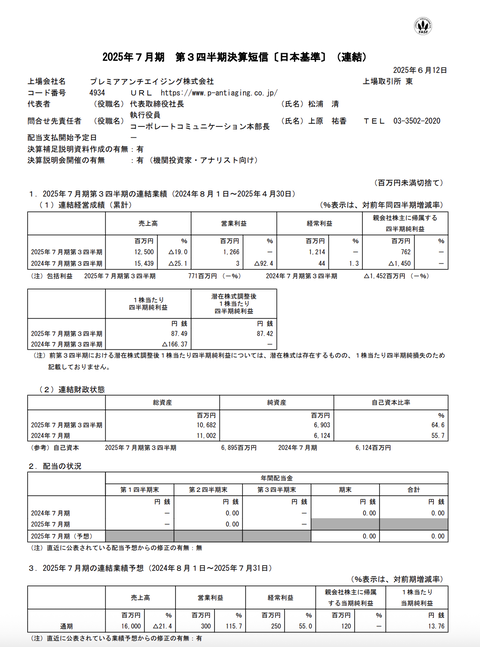 プレミアアンチエイジング 2025年7月期第3四半期決算