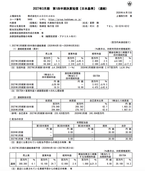 KADOKAWA 2027年3月期第1四半期決算