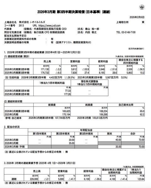 Ｊ-オイルミルズ 2026年3月期第3四半期決算