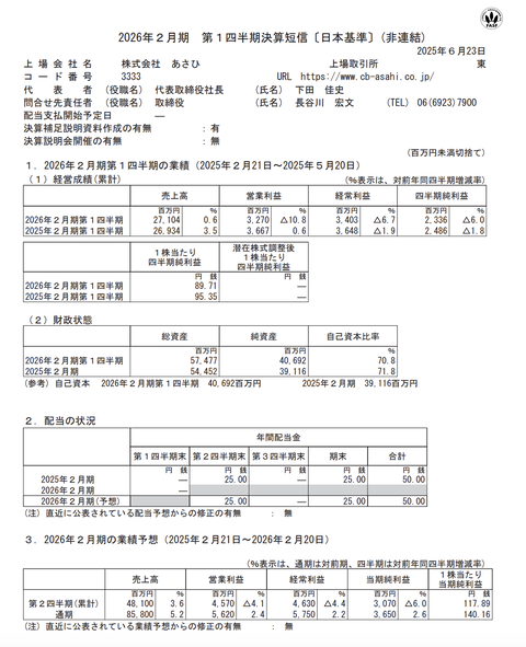 あさひ 2026年2月期第1四半期決算