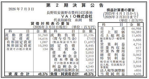PC事業「VAIO」決算公告（第2期）