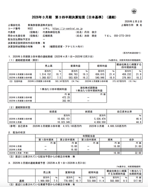 JR東海 2026年3月期第3四半期決算