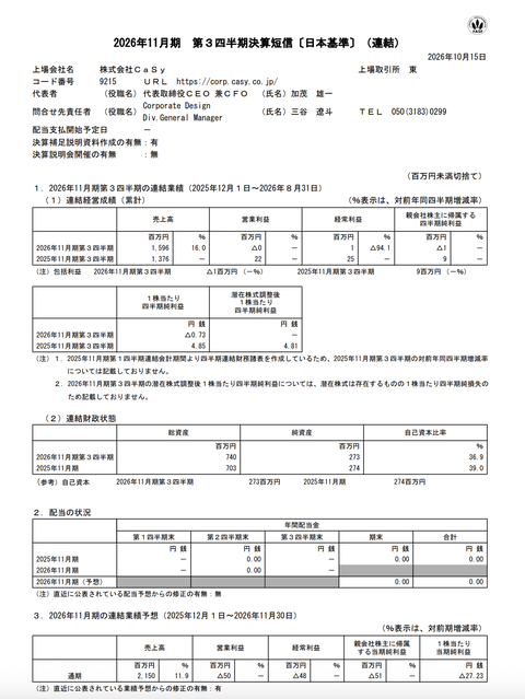 CaSy 2026年11月期第3四半期決算