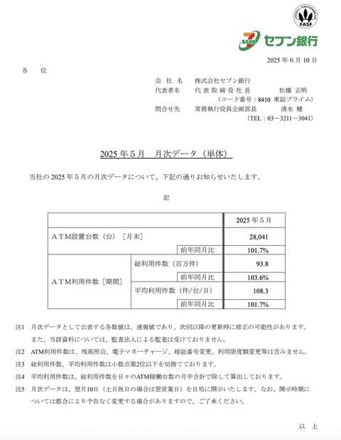 セブン銀行 2025年5月度月次成績