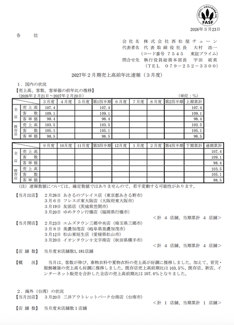 西松屋チェーン 2026年3月度月次成績