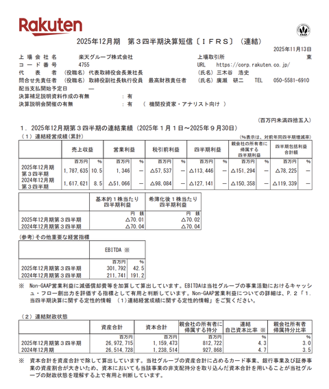 楽天グループ 2025年12月期第3四半期決算