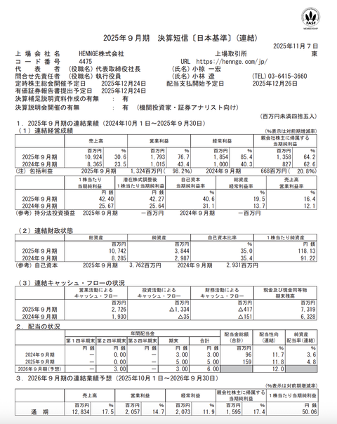HENNGE 2025年9月期通期決算