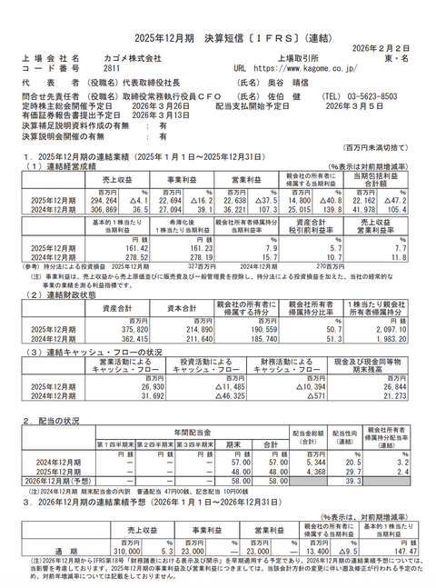 カゴメ 2025年12月期通期決算