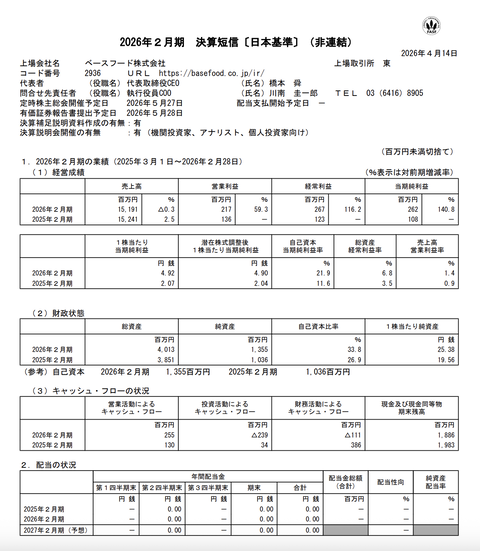 ベースフード 2026年2月期通期決算