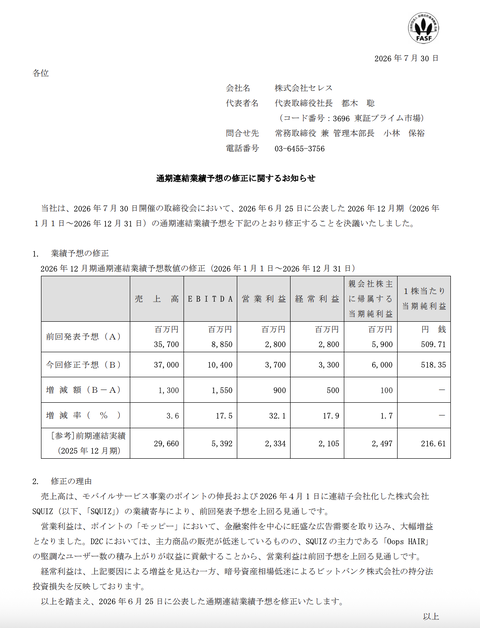 セレス 2026年12月期通期決算予想を上方修正