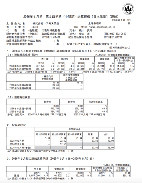 コスモス薬品 2026年5月期第2四半期決算