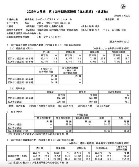 オービックビジネスコンサルタント 2027年3月期第1四半期決算