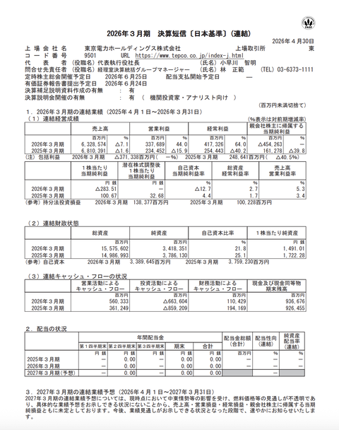 東京電力HD 2026年3月期通期決算