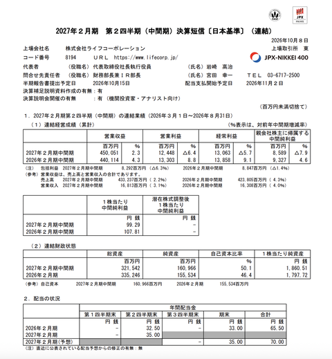 ライフコーポレーション 2027年2月期第2四半期決算