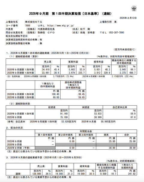 MTG 2026年9月期第1四半期決算