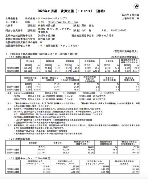 トリドールHD 2026年3月期通期決算