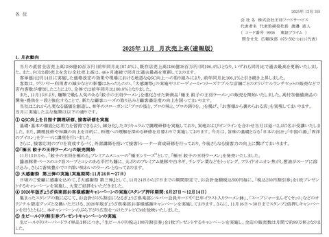 餃子の王将 月次業績（2025年11月度）