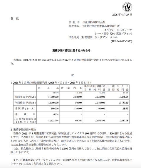 日産自動車 2026年3月期通期決算予想を上方修正
