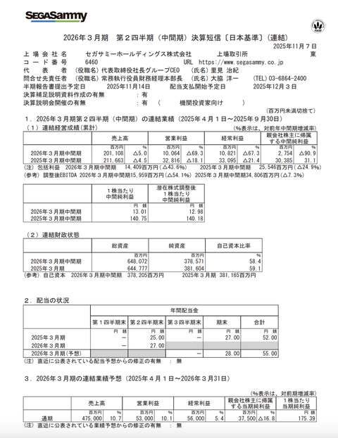セガサミーHD 2026年3月期第2四半期決算