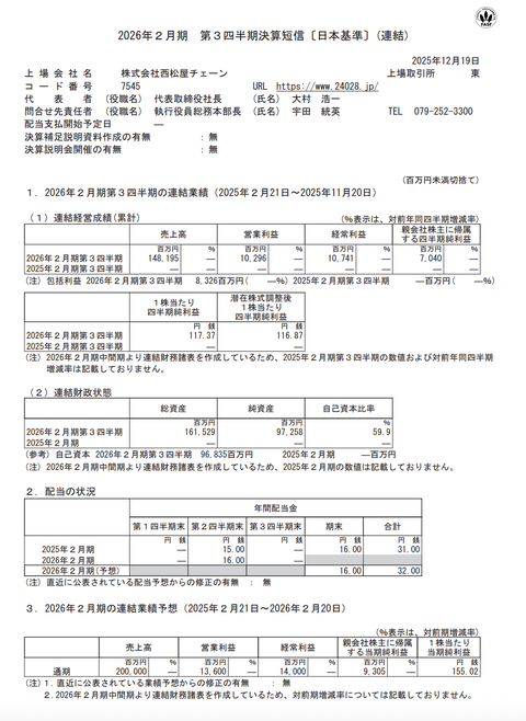 西松屋チェーン 2026年2月期第3四半期決算