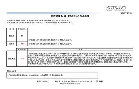 松屋 2026年3月度月次成績